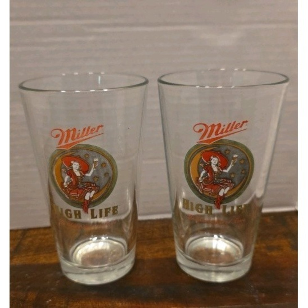 Vintage MILLER HIGH LIFE Beer Glass Girl Woman Lady on the Moon Libbey Set of 2